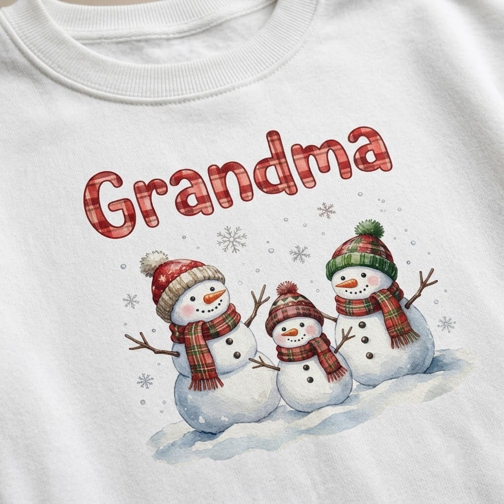 Close-up of plaid Grandma letters and snowmen in knit hats