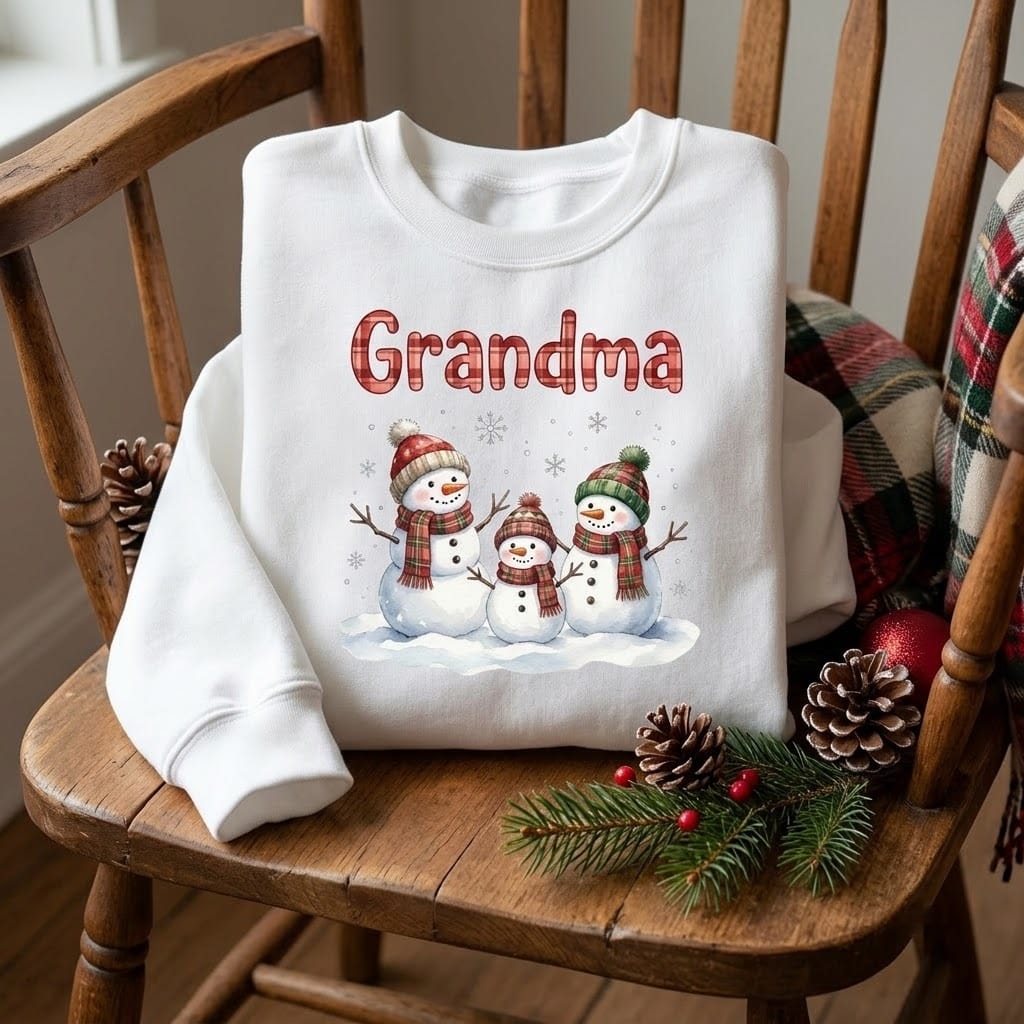 Folded snowman sweatshirt on a wooden chair with pine cones and plaid