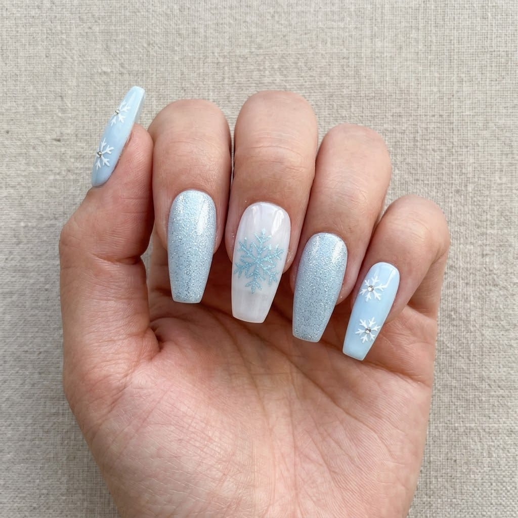 Hand wearing icy blue winter wonderland press on nails