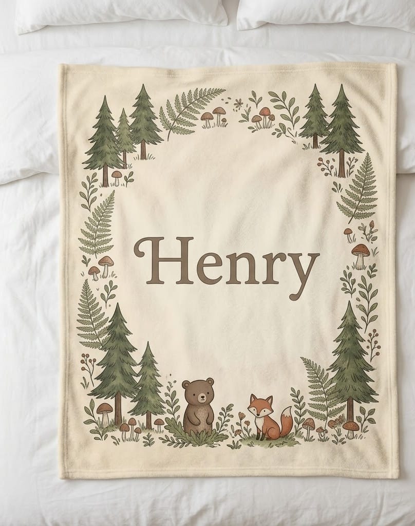 Woodland name blanket with Henry in a vintage frame of pines and animals