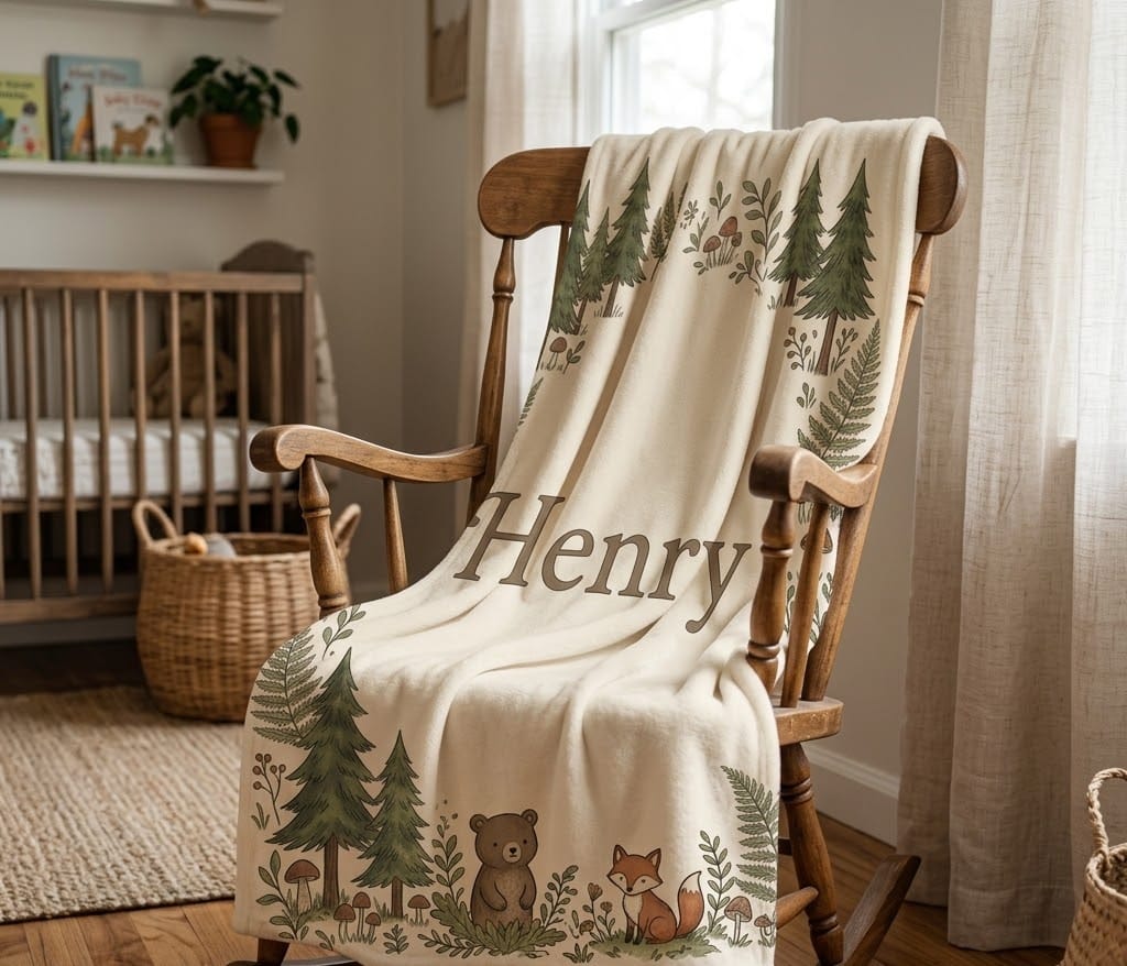 Vintage woodland baby name throw draped over a rocking chair