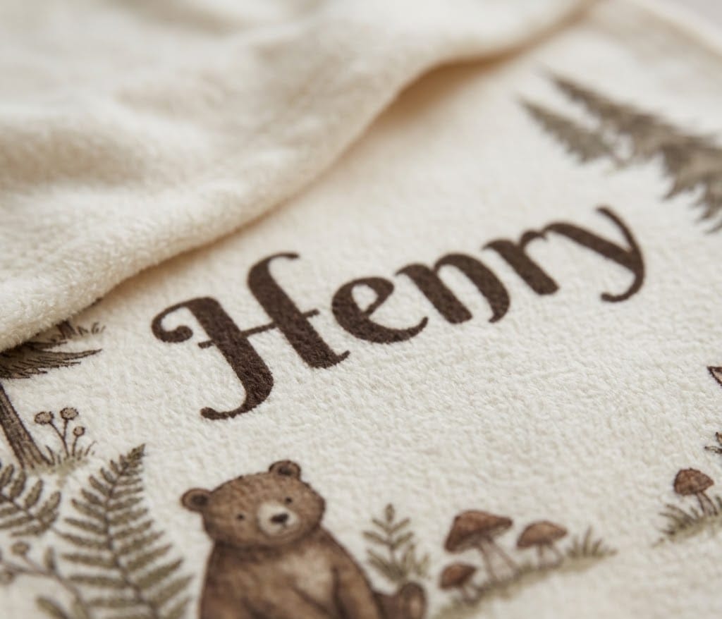 Close-up of brown Henry lettering and a small bear on flannel